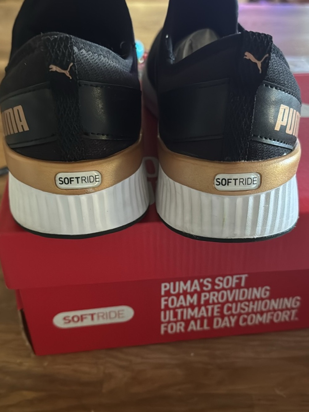 Puma Slip-On Mesh SoftRide Athletic Shoes in Black and Gold - Picture 2 of 5